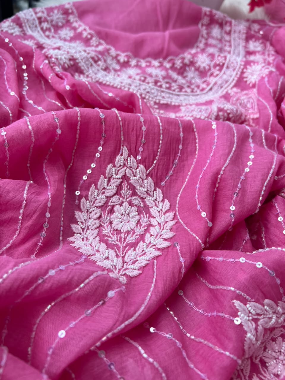 Lucknowi Chikankari Unstitched Mul Chanderi Straight Suit Set