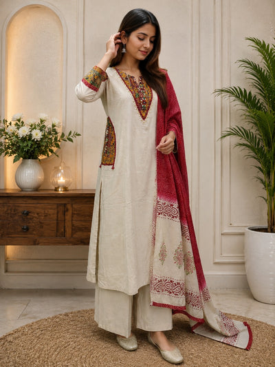 Cotton Embroidered Pant Suit Set with Real Mirror Work Pockets & Printed Dupatta