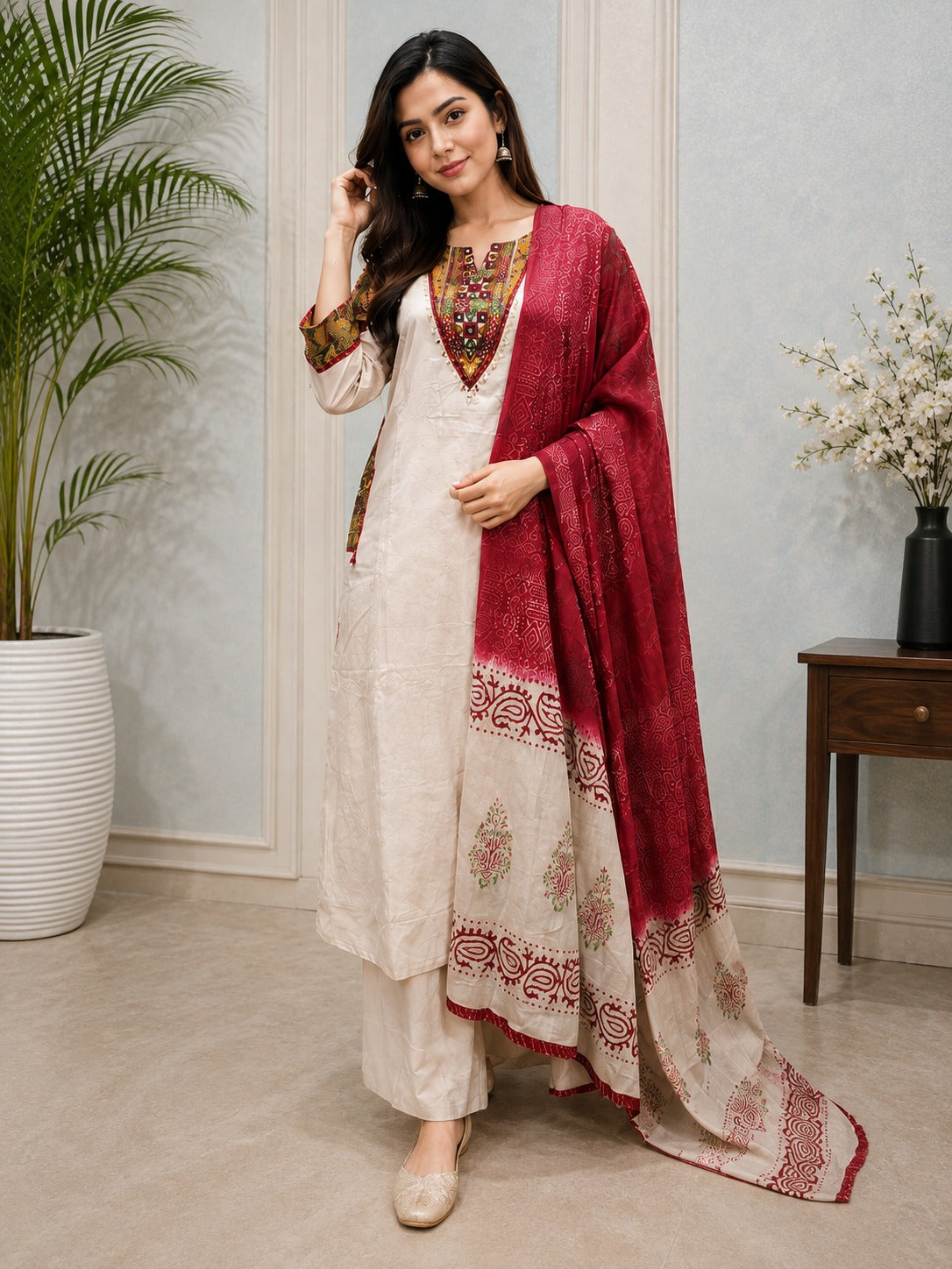 Cotton Embroidered Pant Suit Set with Real Mirror Work Pockets & Printed Dupatta