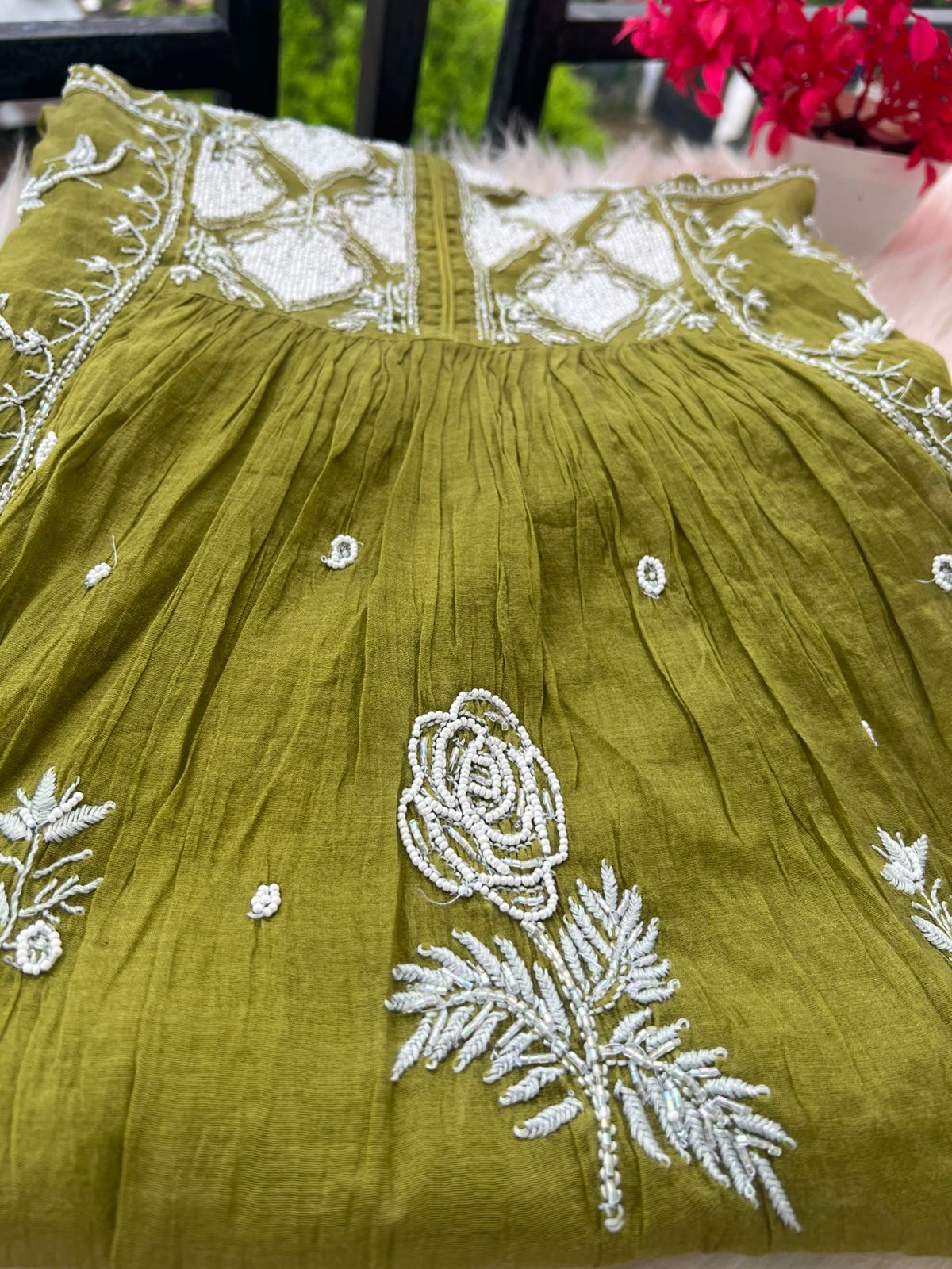 Lucknowi Chikankari A-Line Mul Chanderi Suit with Pearl & Cutdana Work and Dupatta | Elegant Women’s Ethnic Wear