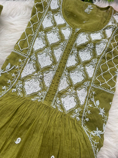 Lucknowi Chikankari A-Line Mul Chanderi Suit with Pearl & Cutdana Work and Dupatta | Elegant Women’s Ethnic Wear