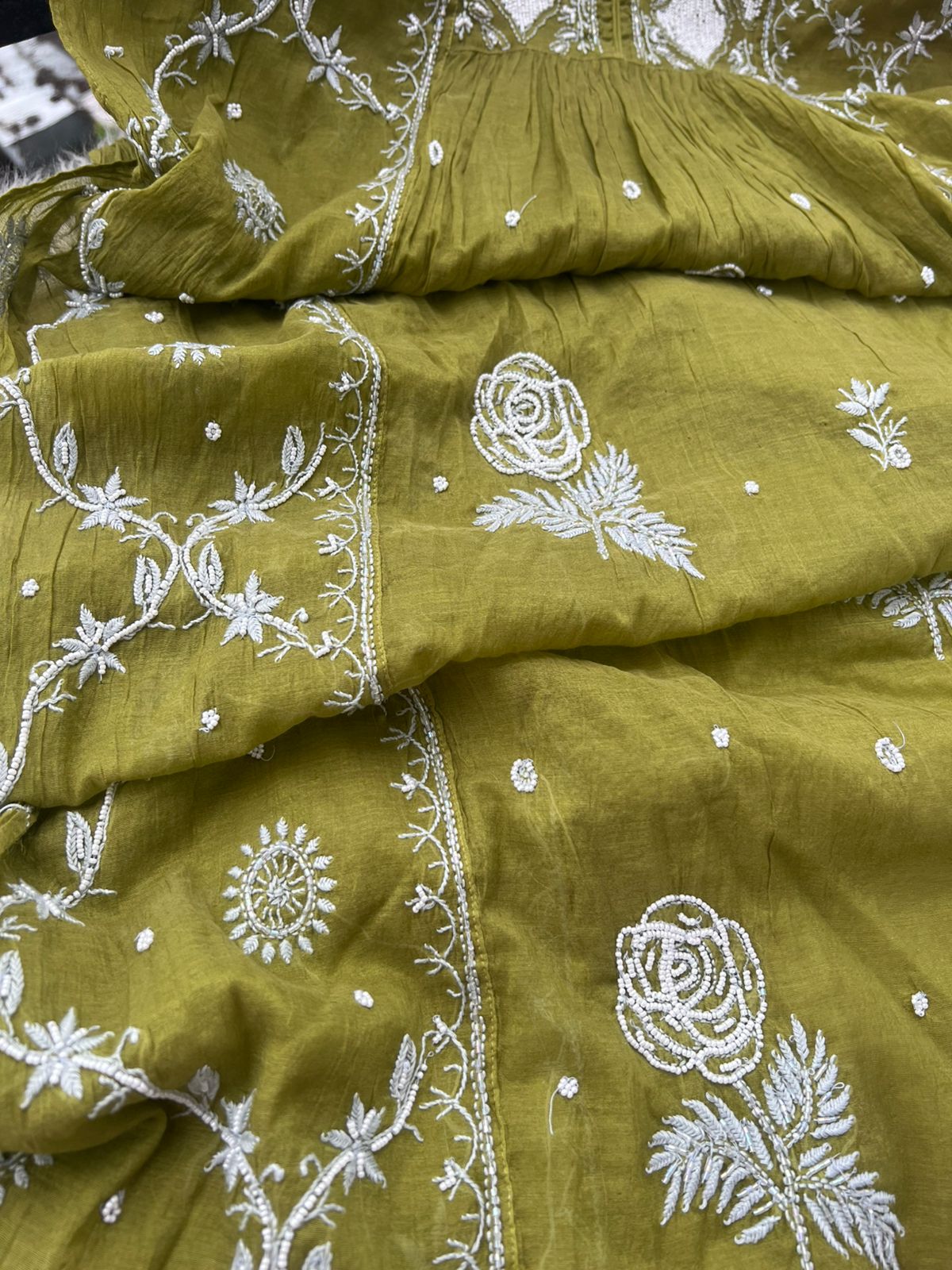 Lucknowi Chikankari A-Line Mul Chanderi Suit with Pearl & Cutdana Work and Dupatta | Elegant Women’s Ethnic Wear