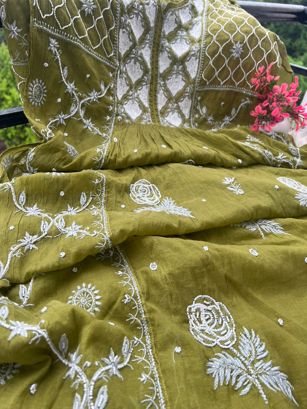 Lucknowi Chikankari A-Line Mul Chanderi Suit with Pearl & Cutdana Work and Dupatta | Elegant Women’s Ethnic Wear