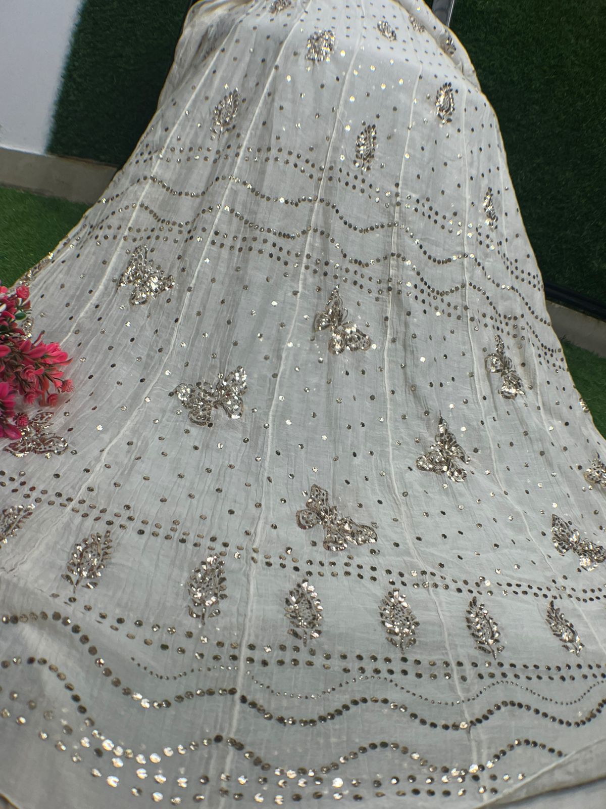 Lucknowi Chikankari Mul Chanderi Mukaish Unstitched Anarkali Suit with Dupatta