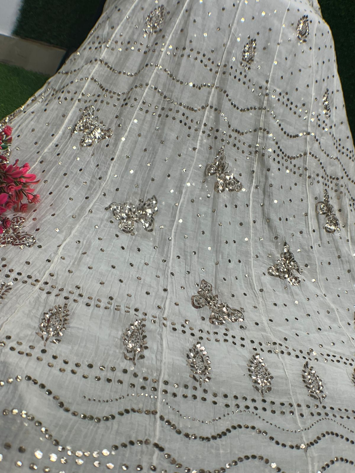 Lucknowi Chikankari Mul Chanderi Mukaish Unstitched Anarkali Suit with Dupatta