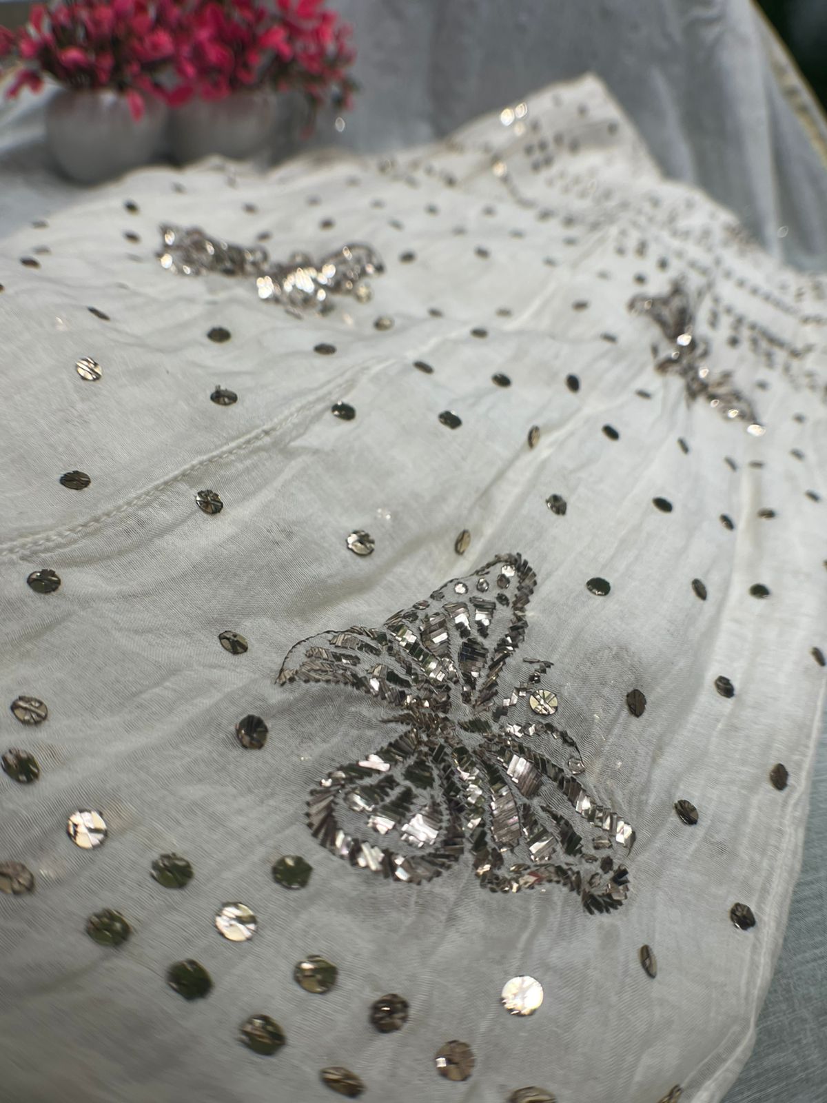 Lucknowi Chikankari Mul Chanderi Mukaish Unstitched Anarkali Suit with Dupatta