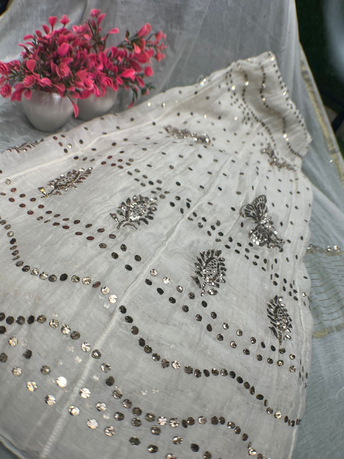 Lucknowi Chikankari Mul Chanderi Mukaish Unstitched Anarkali Suit with Dupatta