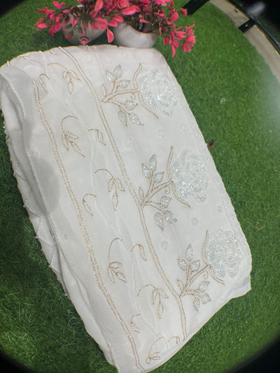 Lucknowi Chikankari Mul Georgette Unstitched  Suit Set with Mirror, Pearl & Cutdana Work Elegant Ethnic Wear