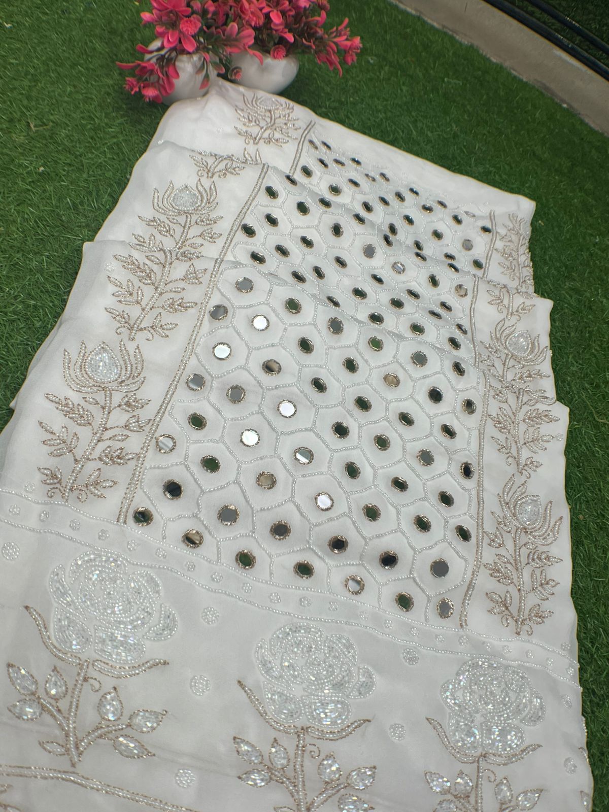 Lucknowi Chikankari Mul Georgette Unstitched  Suit Set with Mirror, Pearl & Cutdana Work Elegant Ethnic Wear