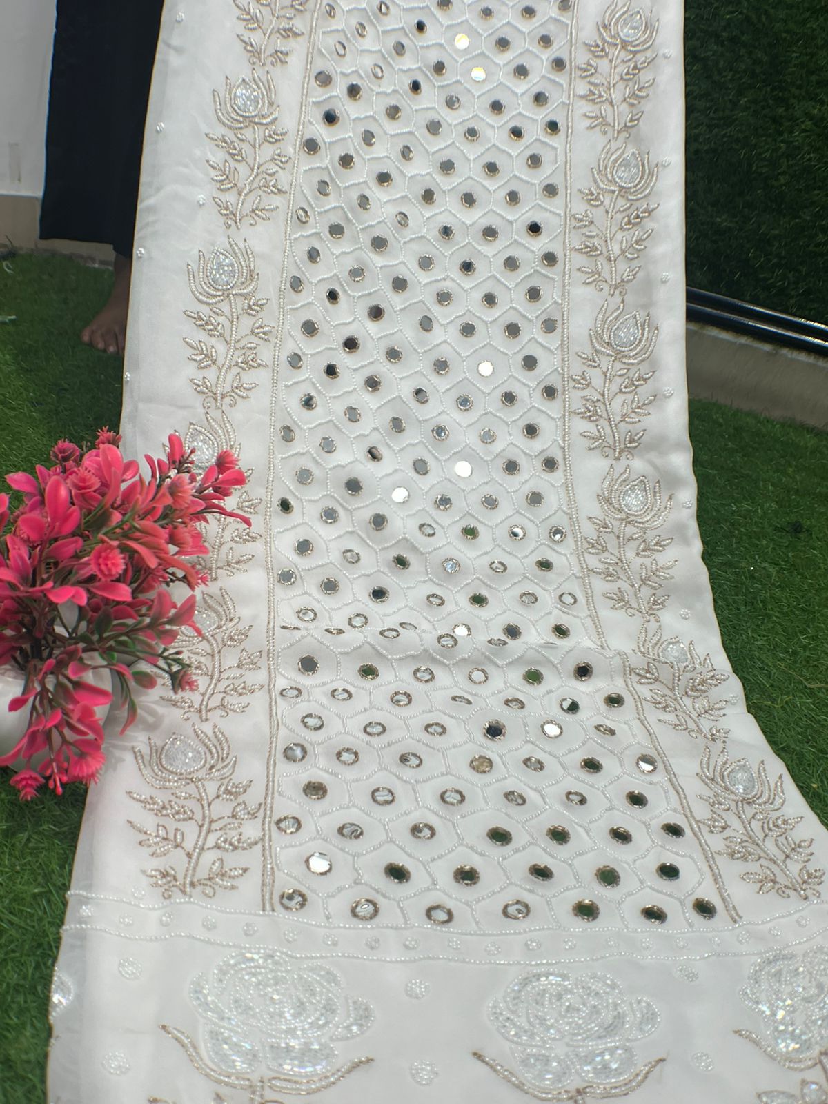 Lucknowi Chikankari Mul Georgette Unstitched  Suit Set with Mirror, Pearl & Cutdana Work Elegant Ethnic Wear
