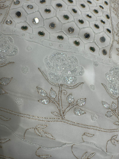 Lucknowi Chikankari Mul Georgette Unstitched  Suit Set with Mirror, Pearl & Cutdana Work Elegant Ethnic Wear