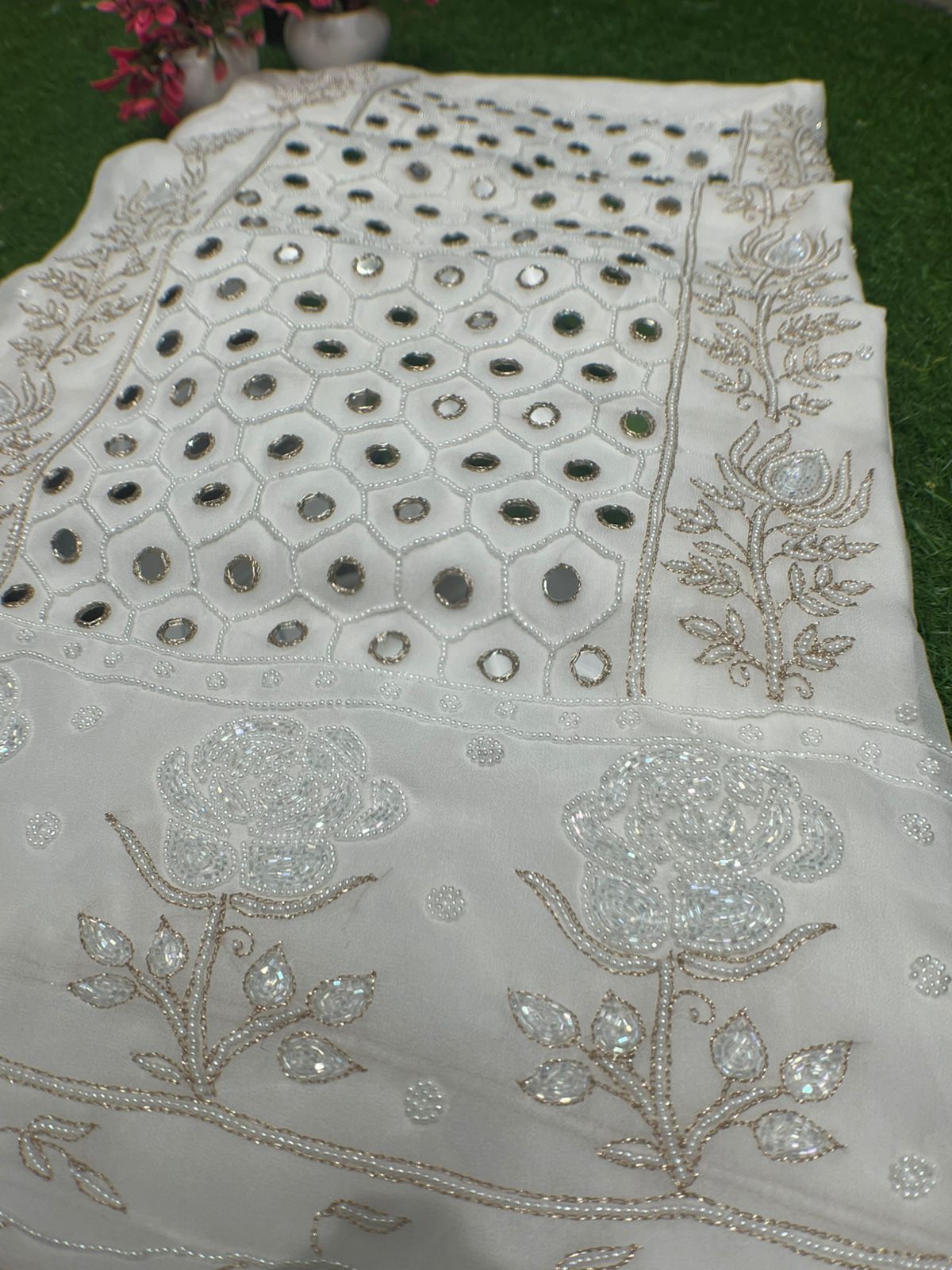Lucknowi Chikankari Mul Georgette Unstitched  Suit Set with Mirror, Pearl & Cutdana Work Elegant Ethnic Wear