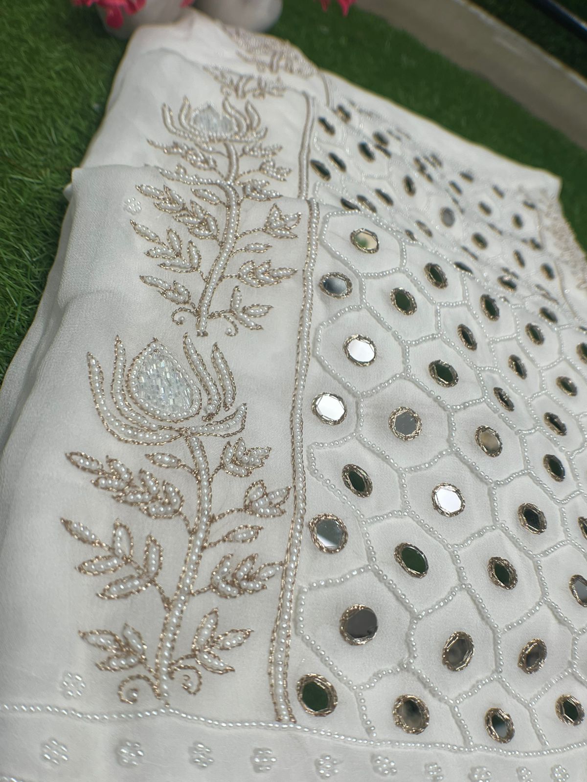 Lucknowi Chikankari Mul Georgette Unstitched  Suit Set with Mirror, Pearl & Cutdana Work Elegant Ethnic Wear