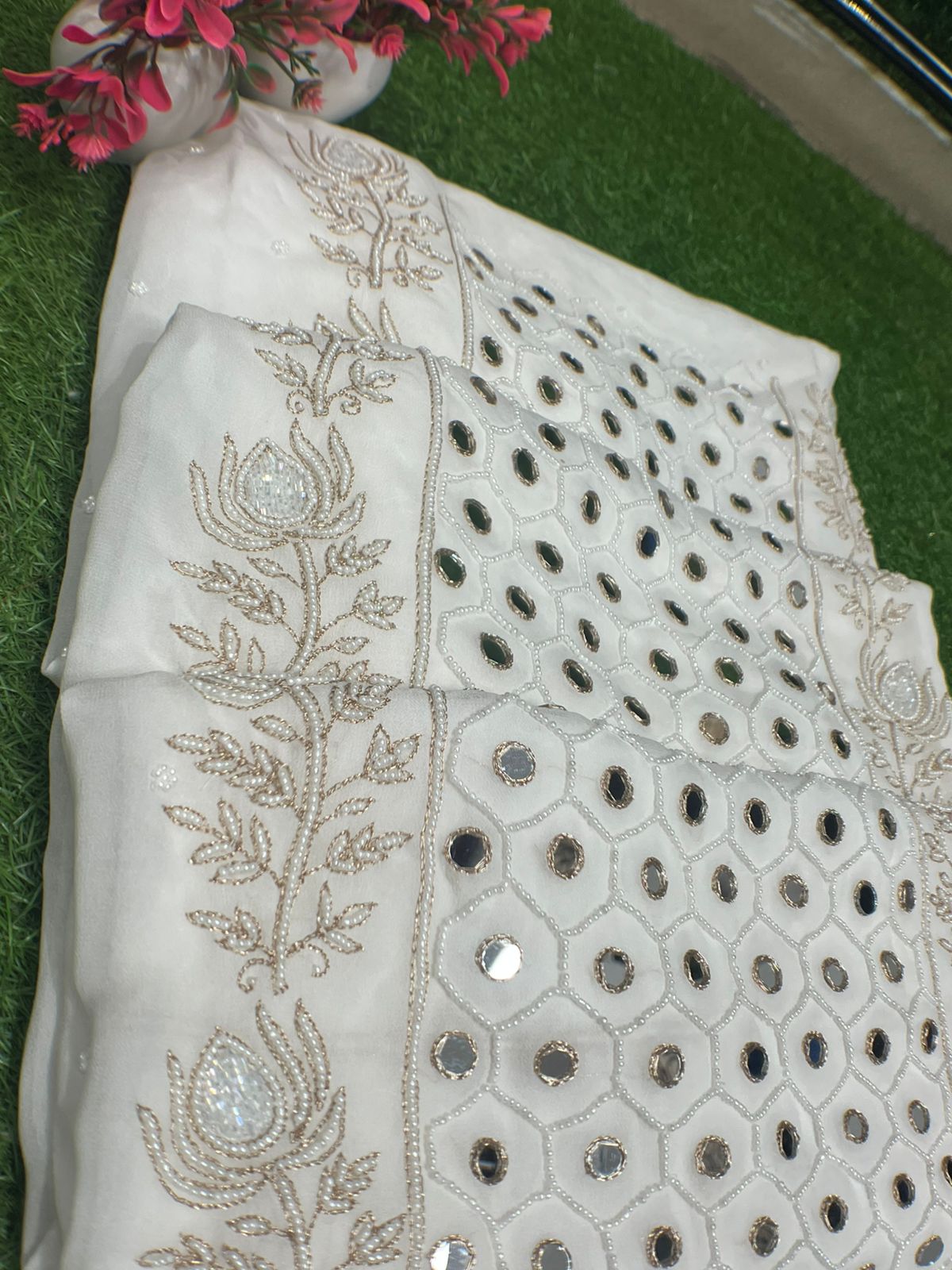 Lucknowi Chikankari Mul Georgette Unstitched  Suit Set with Mirror, Pearl & Cutdana Work Elegant Ethnic Wear