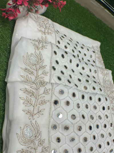 Lucknowi Chikankari Mul Georgette Unstitched  Suit Set with Mirror, Pearl & Cutdana Work Elegant Ethnic Wear