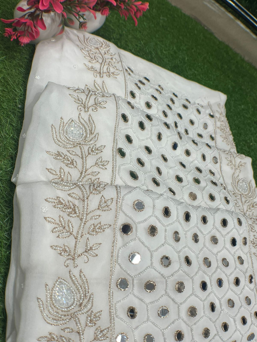 Lucknowi Chikankari Mul Georgette Unstitched  Suit Set with Mirror, Pearl & Cutdana Work Elegant Ethnic Wear