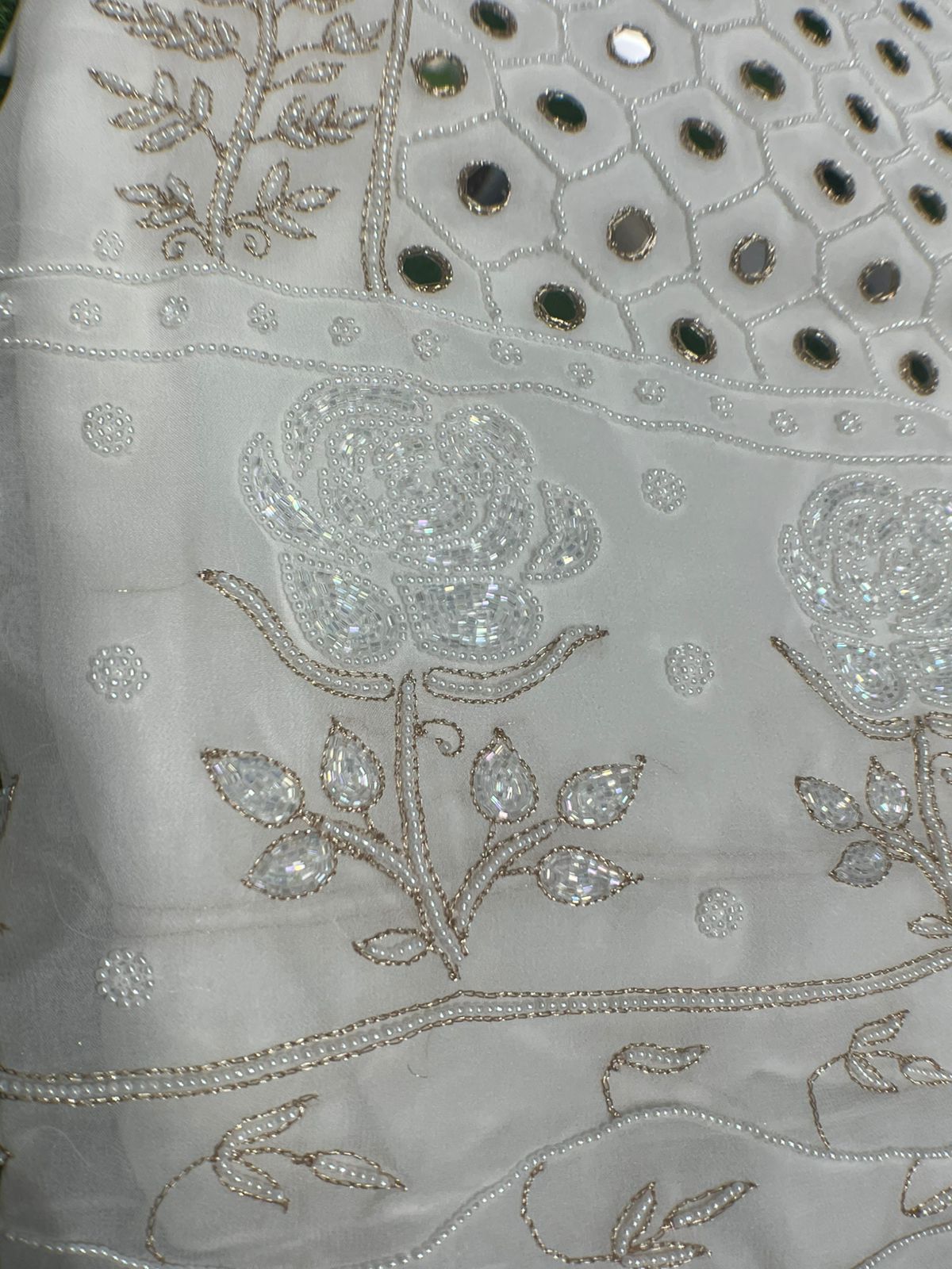 Lucknowi Chikankari Mul Georgette Unstitched  Suit Set with Mirror, Pearl & Cutdana Work Elegant Ethnic Wear