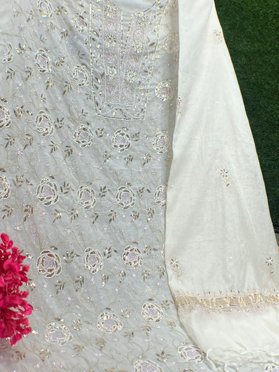 Lucknowi Chikankari Unstitched Mul Chanderi Straight Suit Set with Matching Dupatta