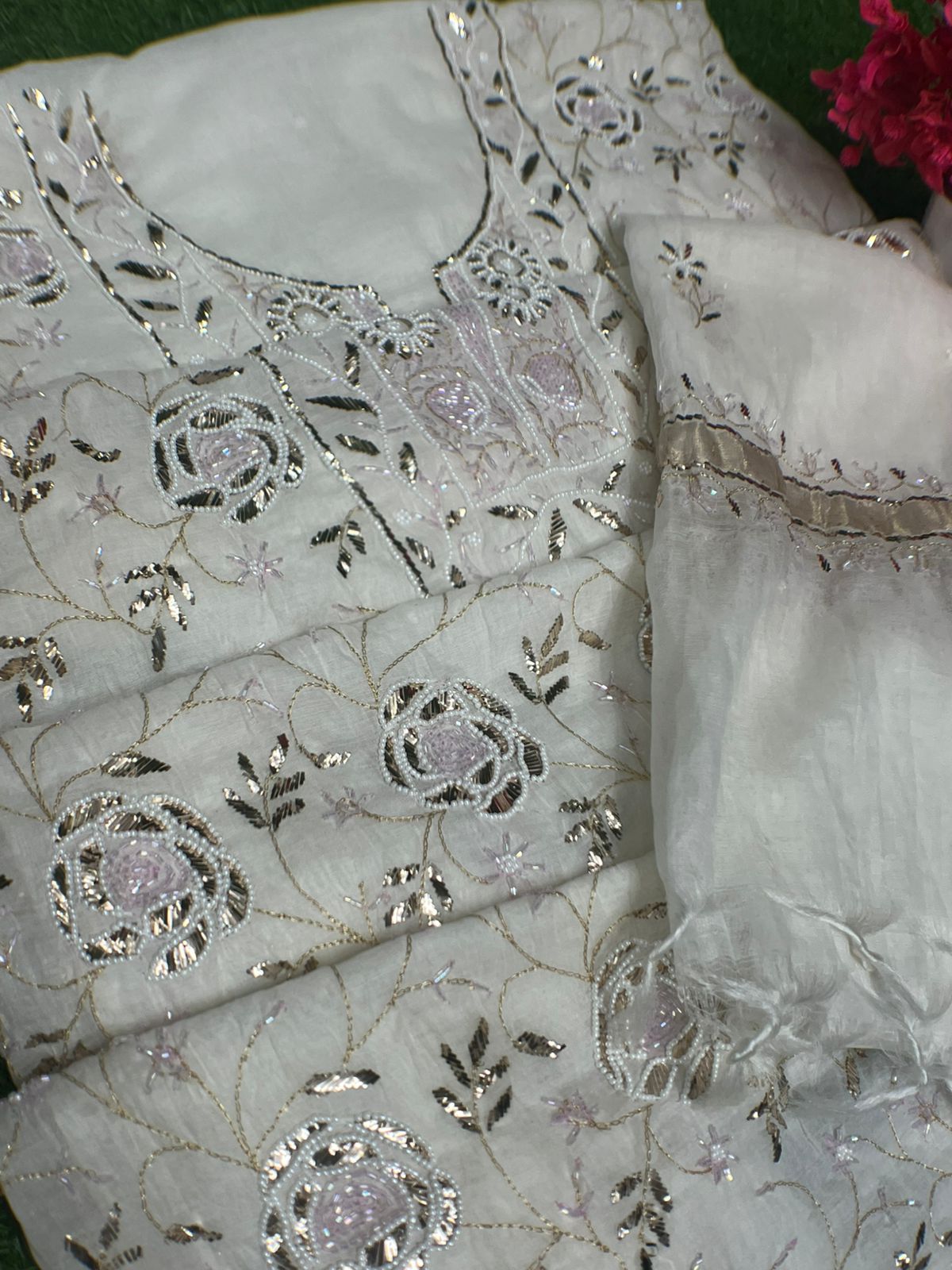 Lucknowi Chikankari Unstitched Mul Chanderi Straight Suit Set with Matching Dupatta