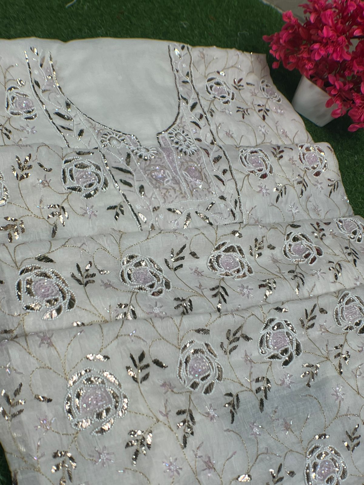 Lucknowi Chikankari Unstitched Mul Chanderi Straight Suit Set with Matching Dupatta