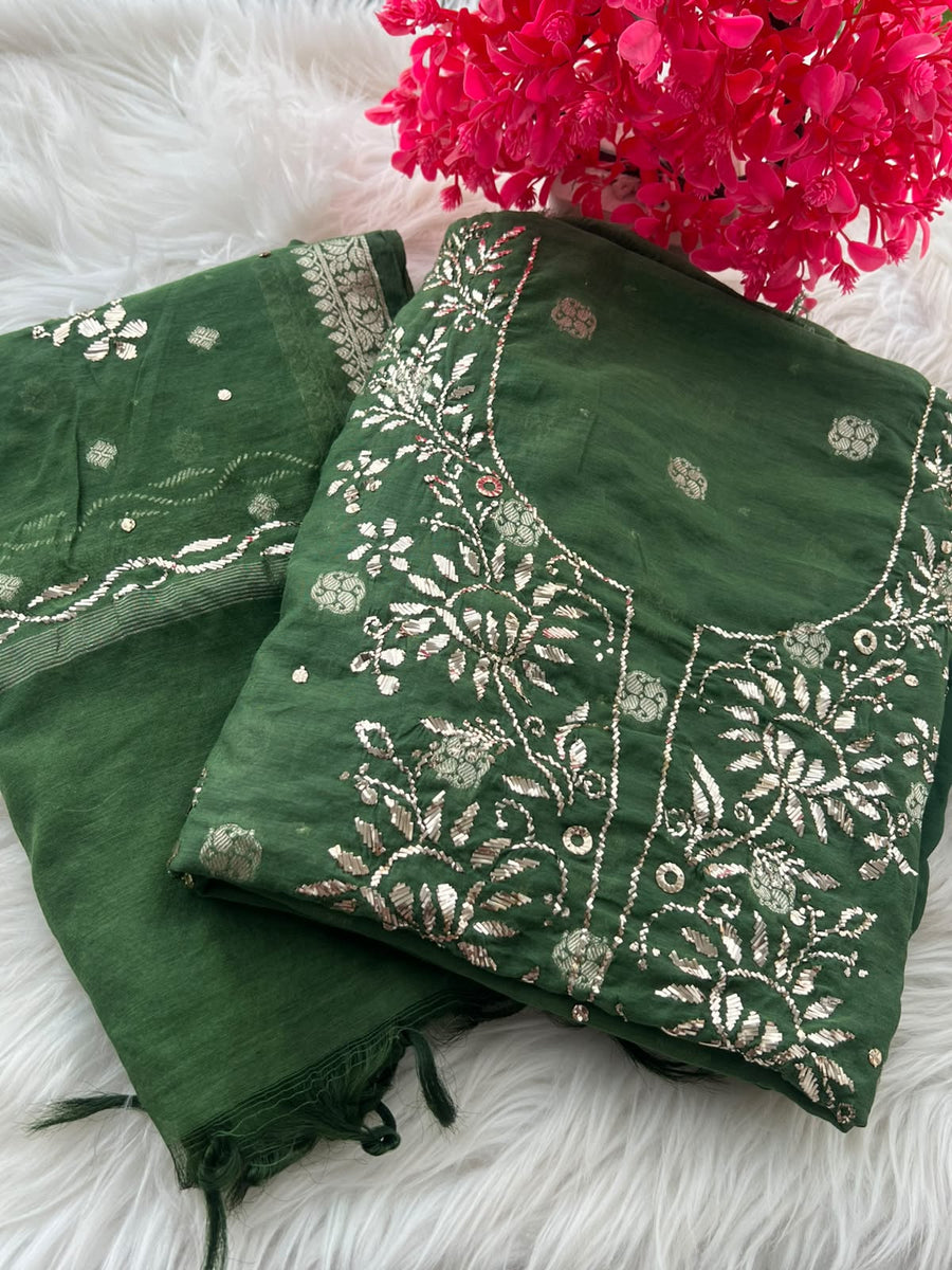 Premium Lucknowi Chikankari Unstitched Mul Chanderi Mukaish Suit Set with Banarasi Butti