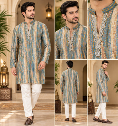Men’s Silk Short Kurta with Digital Print & Shifli Work | Traditional Ethnic Wear