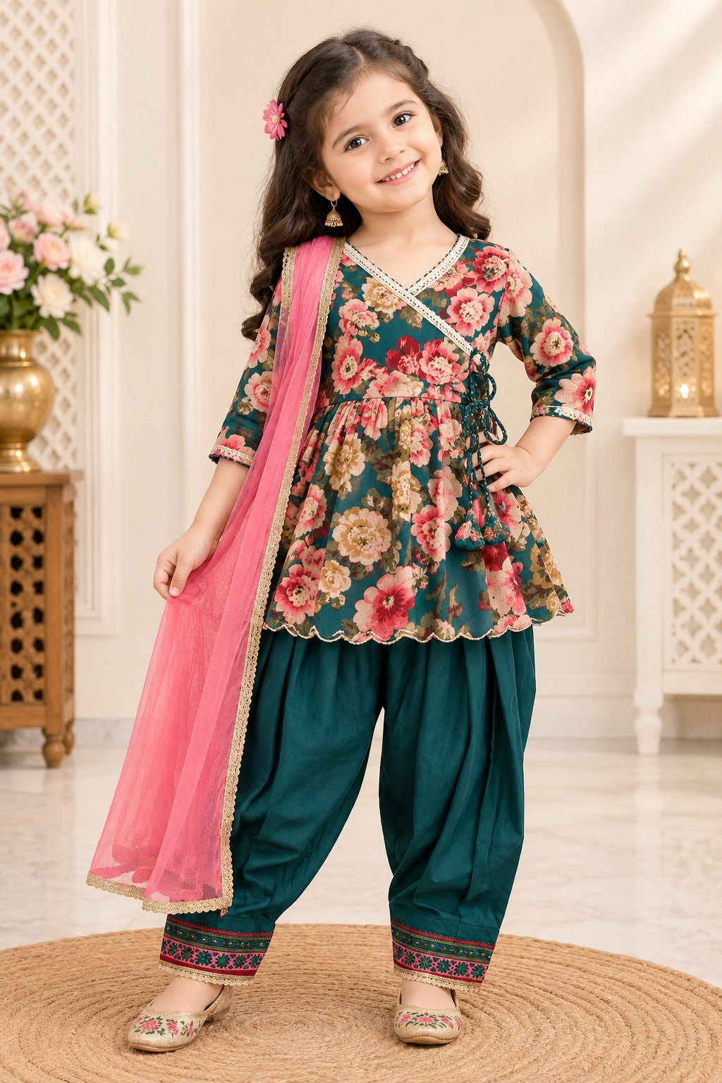 Kids Teal Blue & Pink Floral Print Kurta Set