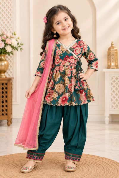 Kids Teal Blue & Pink Floral Print Kurta Set