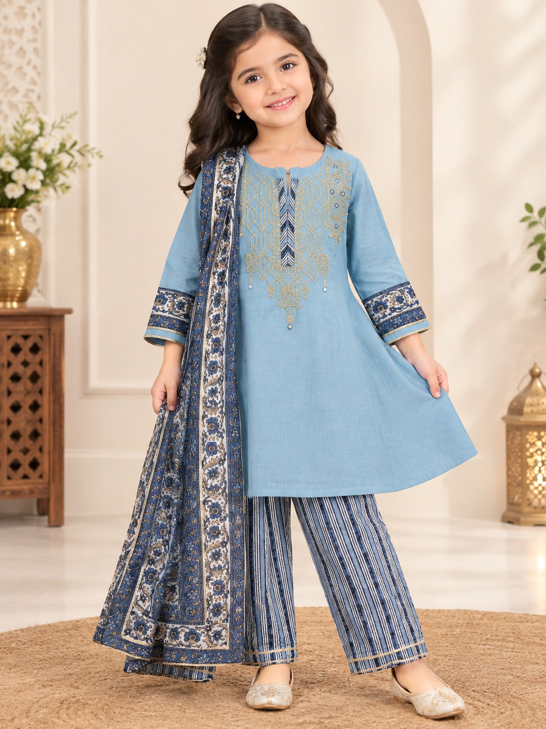 Girls Embellished Kurta Pants with Dupatta