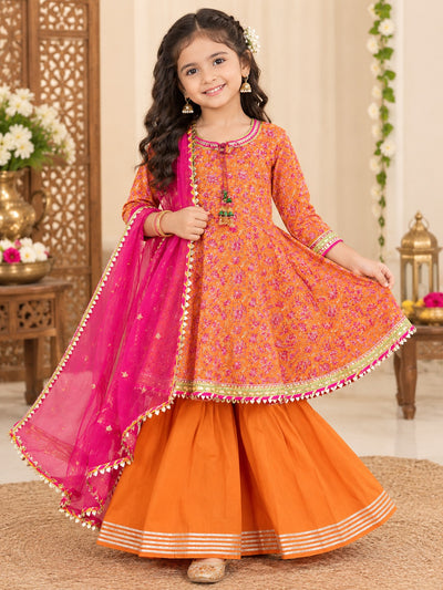 Floral Printed Gotta Patti Kurta & Palazzos With Dupatta – Anarkali Shape
