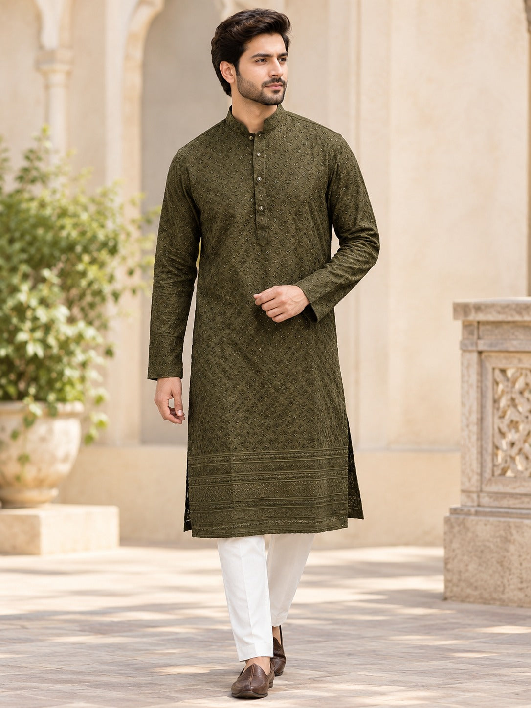 Men’s Chikankari Embroidered Kurta Pajama with Sequin Work – Premium Ethnic Wear