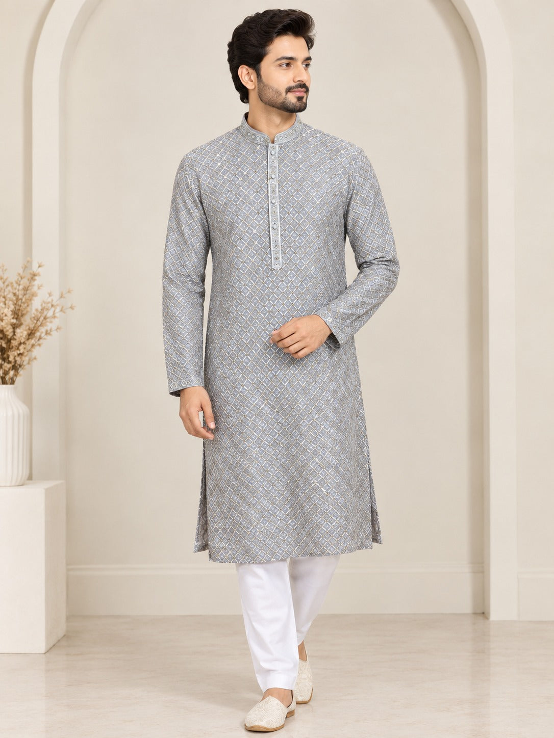 Chikankari Sequin Embroidered Kurta Pajama Set for Men – Elegant Traditional Ethnic Wear