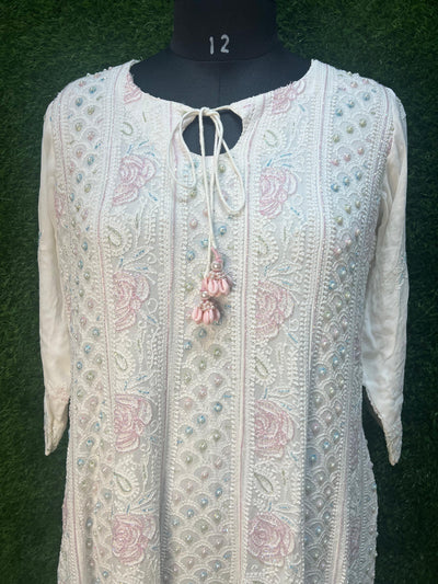 Lucknowi Chikankari (handwork) Anarkali with Cutdana & pearls work-semi stitched