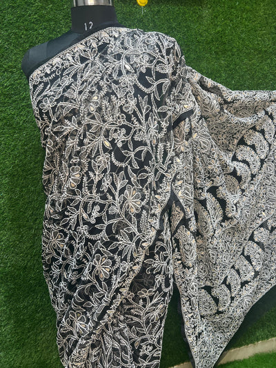 Hand-embroidered black georgette lucknowi chikankari saree with gotta patti work and matching blouse