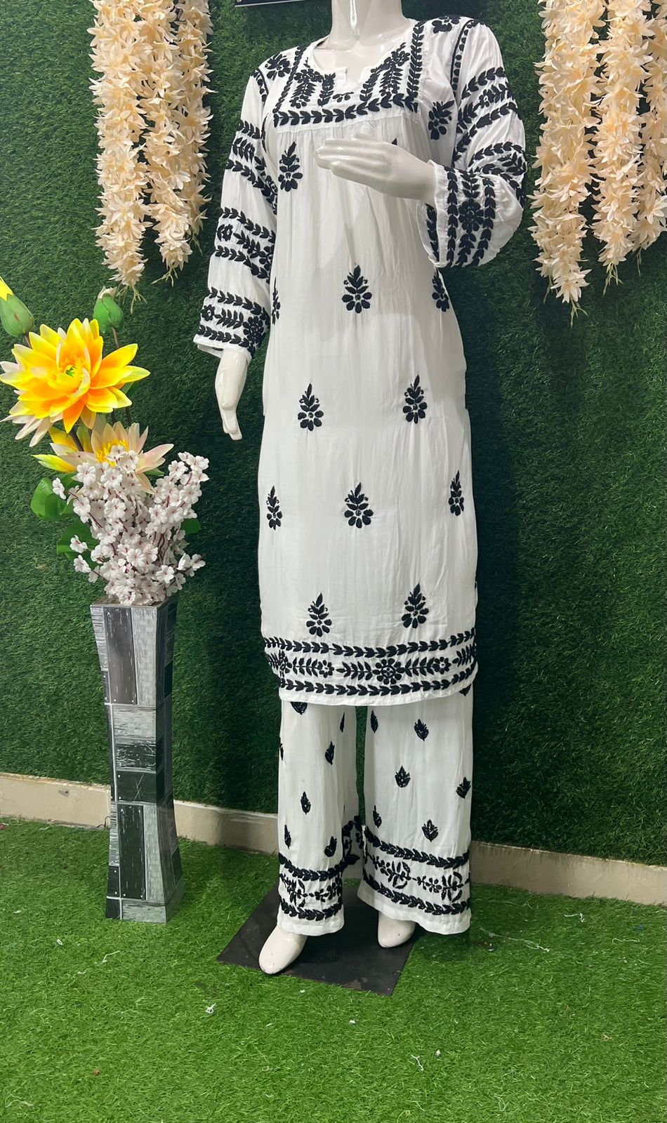 Lucknowi Chikankari Handwork Nyra Cut Kurti with Palazzo Set