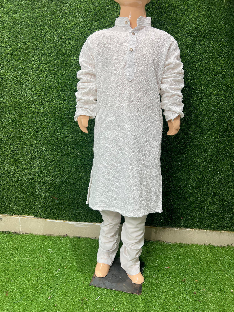 Boys White Chikankari Kurta Pajama Set with Subtle Sequin Detailing