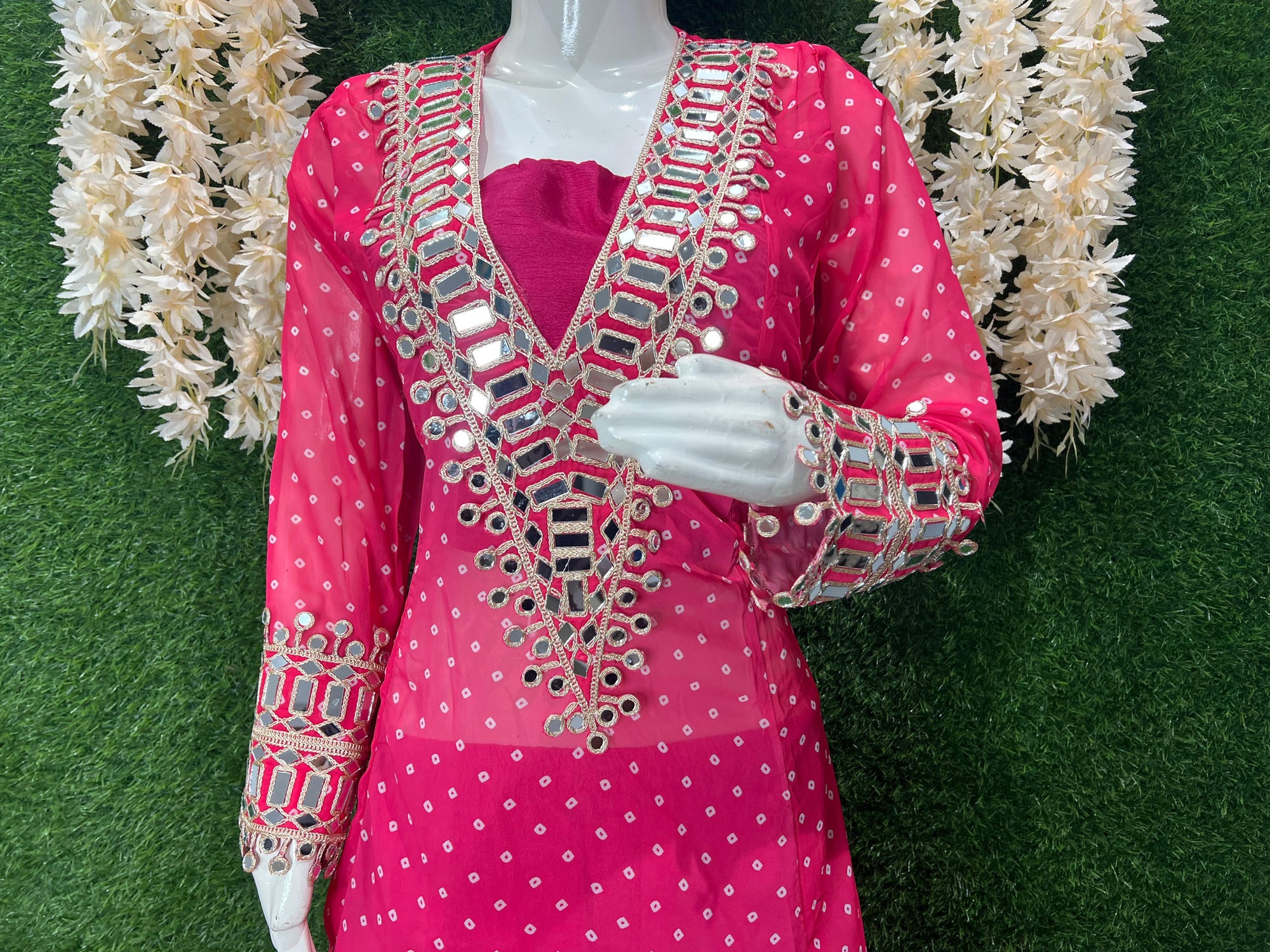 Stylish Georgette Shrug Kurti Set with Pants & Blouse – Real Mirror Work