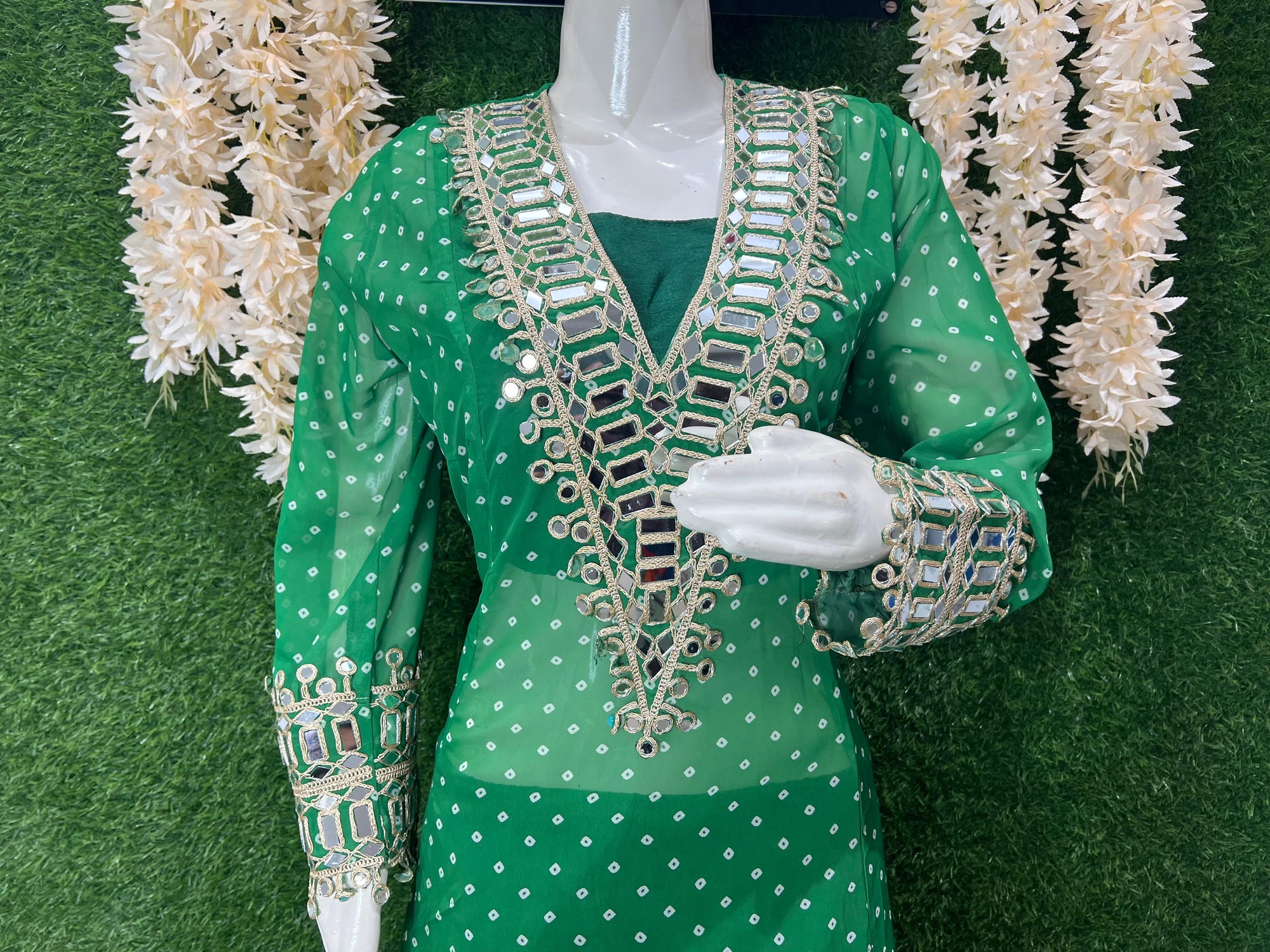 Stylish Georgette Shrug Kurti Set with Pants & Blouse – Real Mirror Work