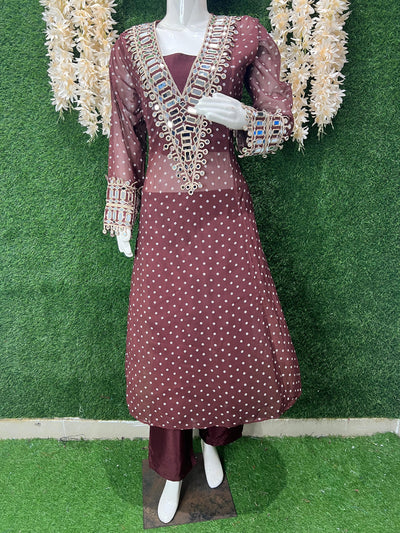 Stylish Georgette Shrug Kurti Set with Pants & Blouse – Real Mirror Work