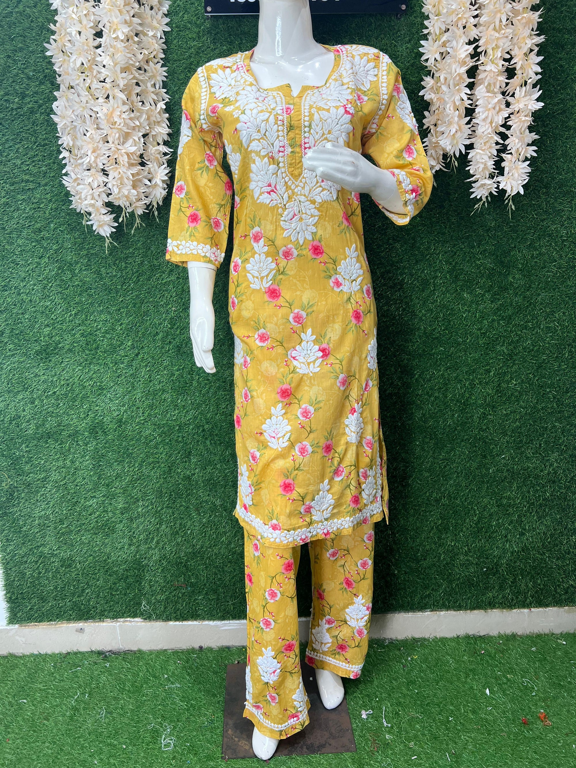 Lucknowi Chikankari Mul Print Suit Set with Intricate Handwork