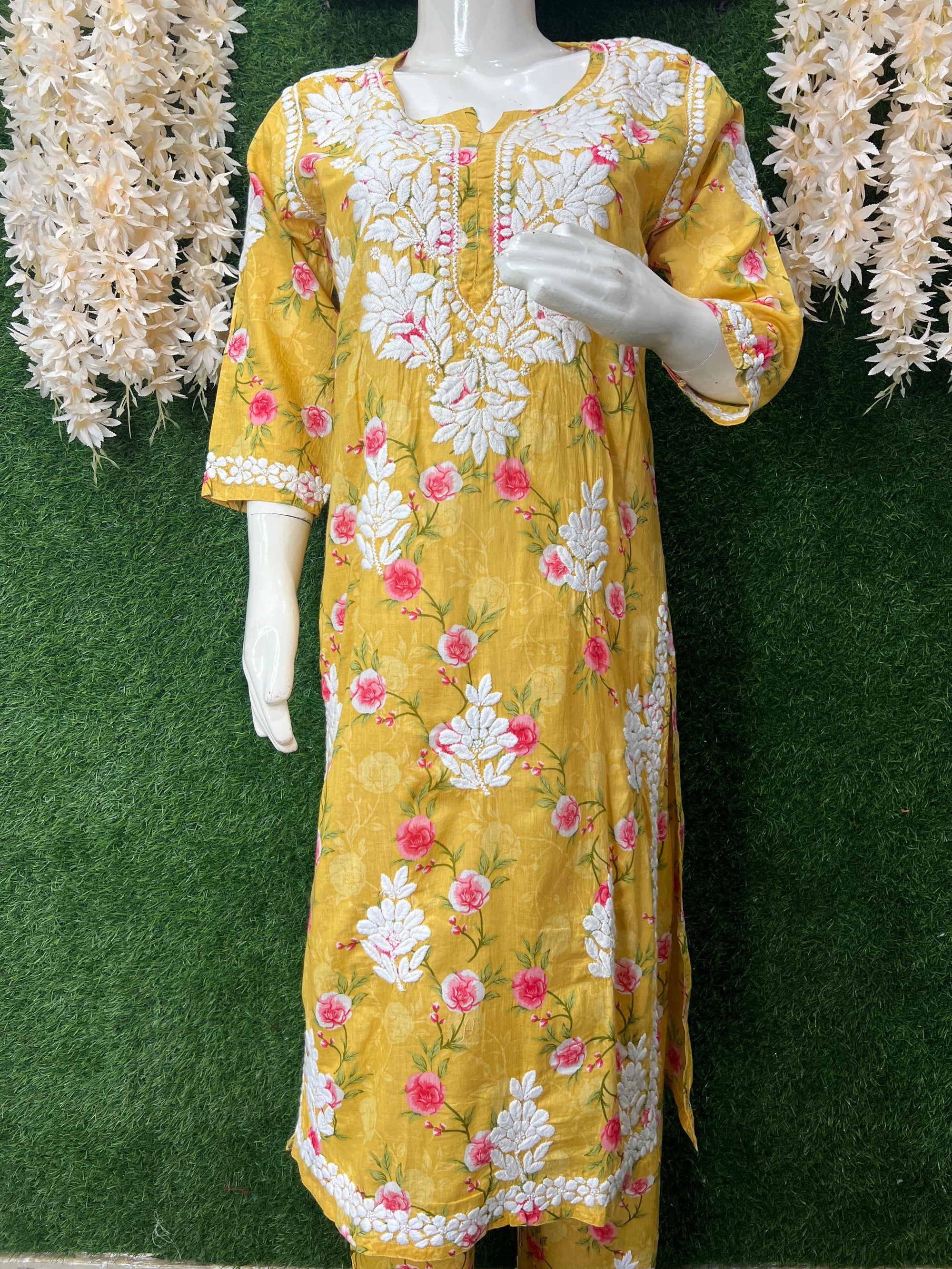 Lucknowi Chikankari Mul Print Suit Set with Intricate Handwork