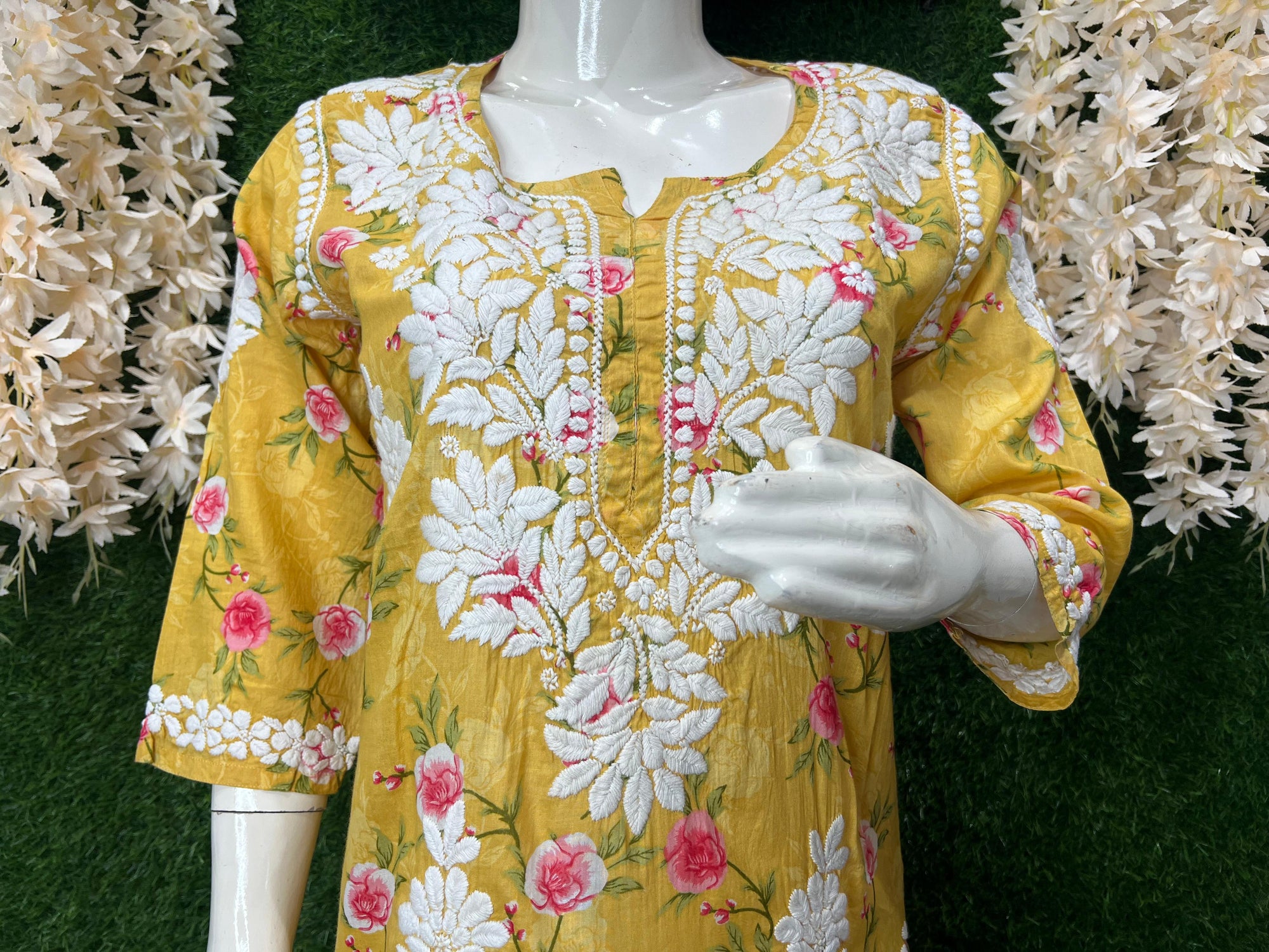 Lucknowi Chikankari Mul Print Suit Set with Intricate Handwork