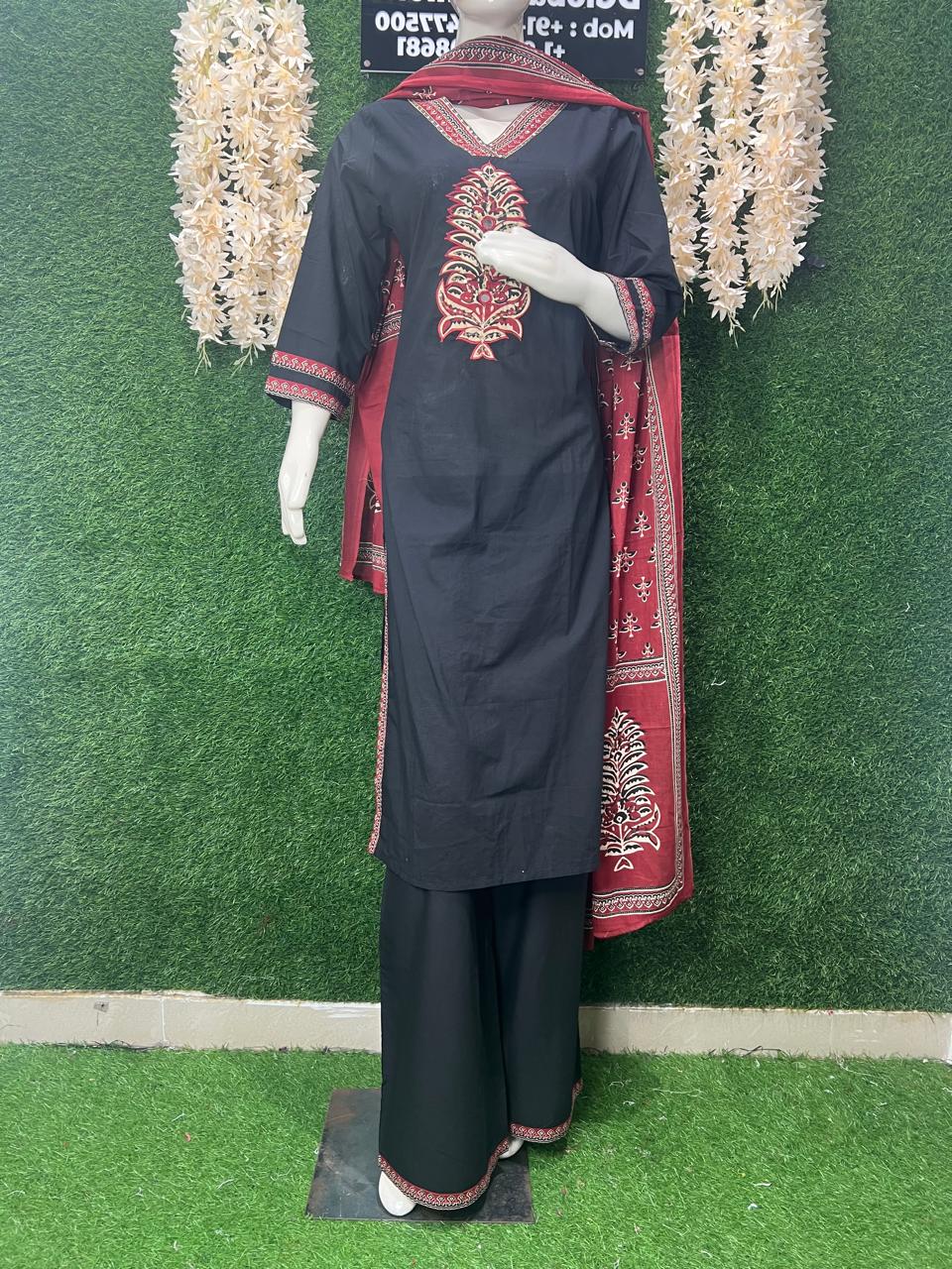 Cotton Suit Set with Ajrakh Print Dupatta