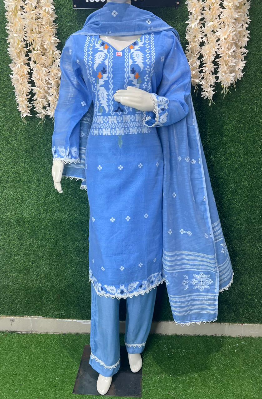 Handwoven Jamdani Kurta Set with Lace Detailing
