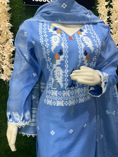 Handwoven Jamdani Kurta Set with Lace Detailing