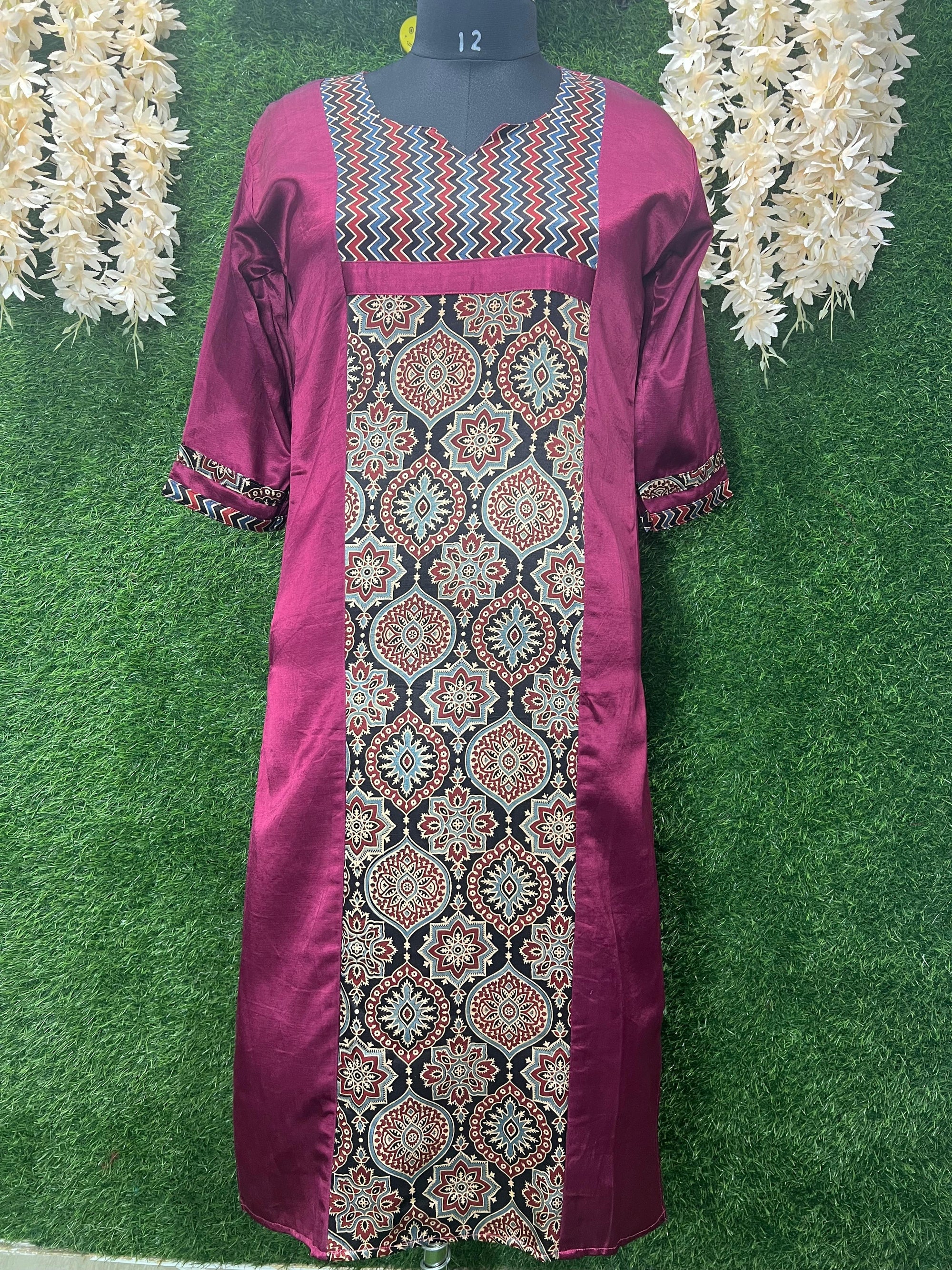 Mashru Silk Ajrakh Hand-Block Printed Kurti with Elegant Mirror Detailing