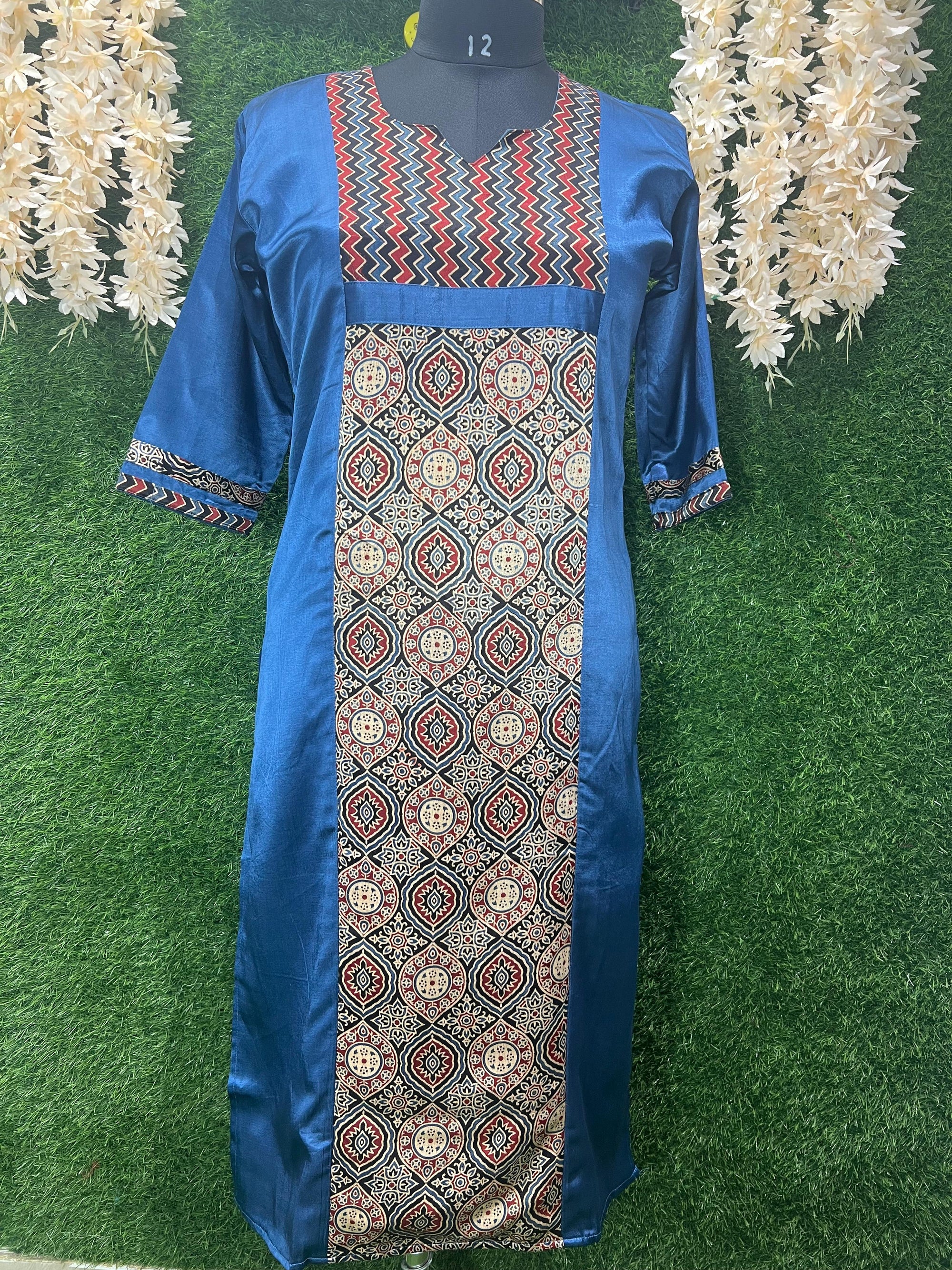 Mashru Silk Ajrakh Hand-Block Printed Kurti with Elegant Mirror Detailing