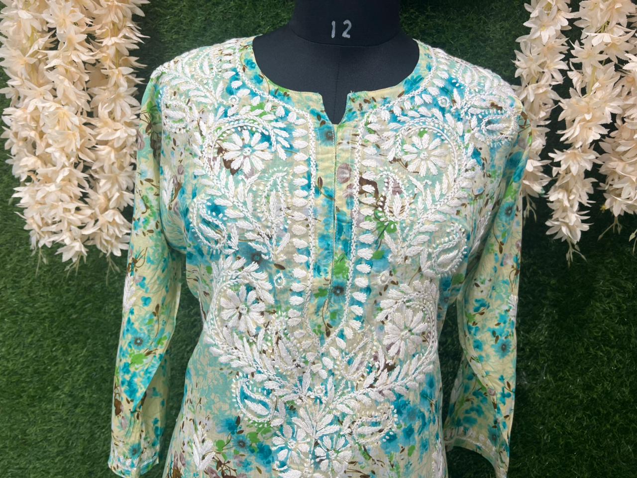 Mul Cotton Printed  Lucknowi Chikankari Embroidered Kurti