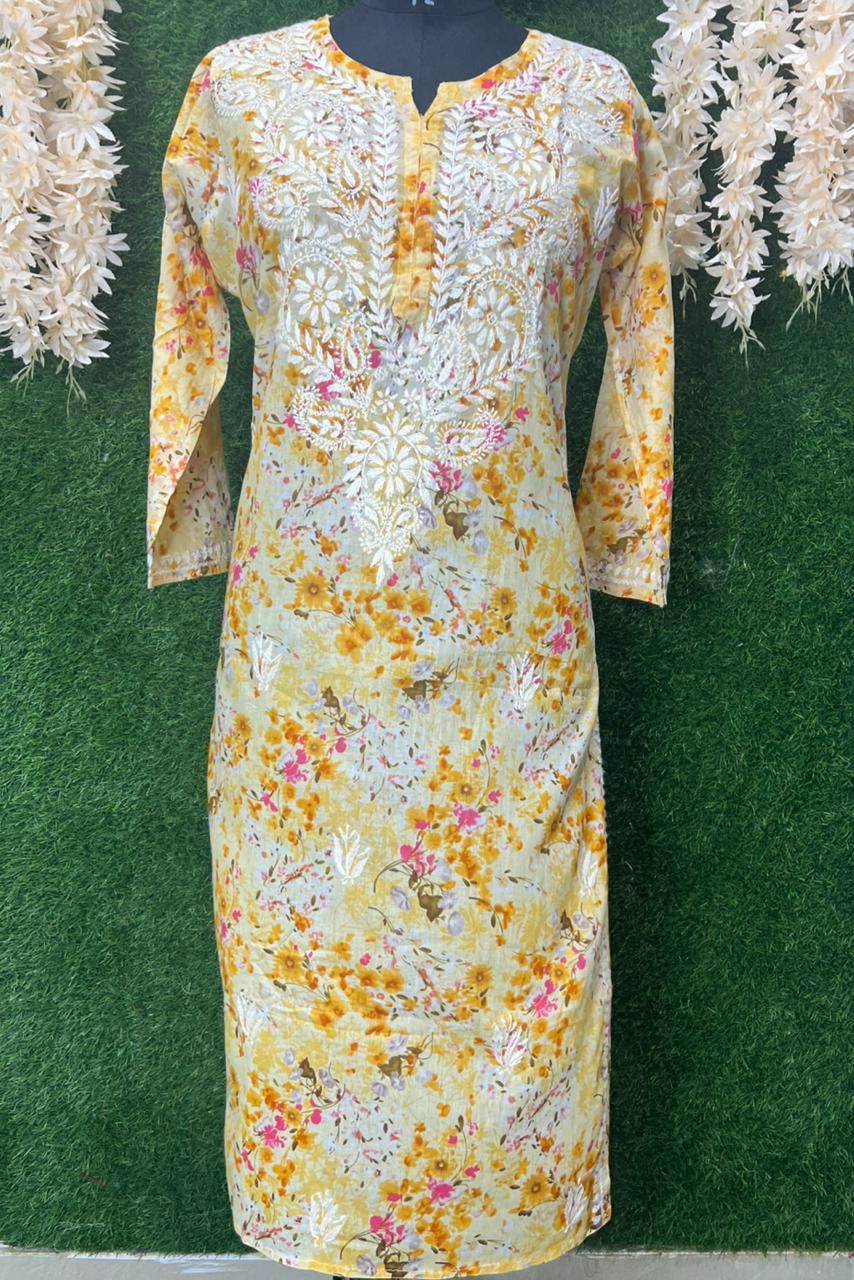 Mul Cotton Printed  Lucknowi Chikankari Embroidered Kurti