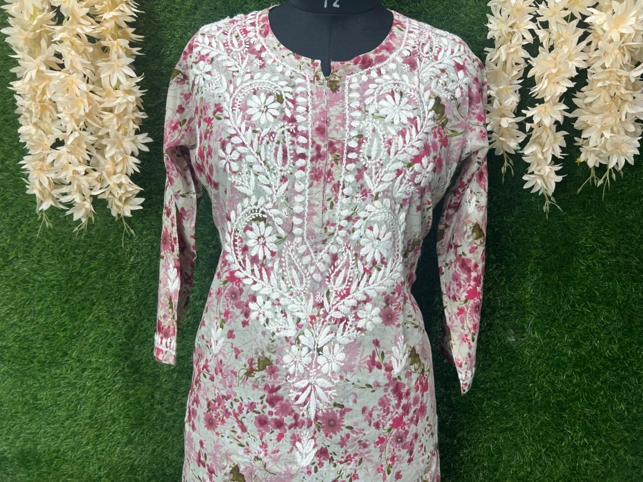 Mul Cotton Printed  Lucknowi Chikankari Embroidered Kurti